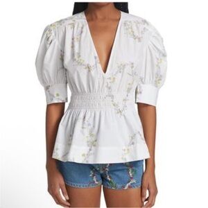 NEW GANNI printed poplin puff sleeve v-neck blouse floral bright white 44 US 14